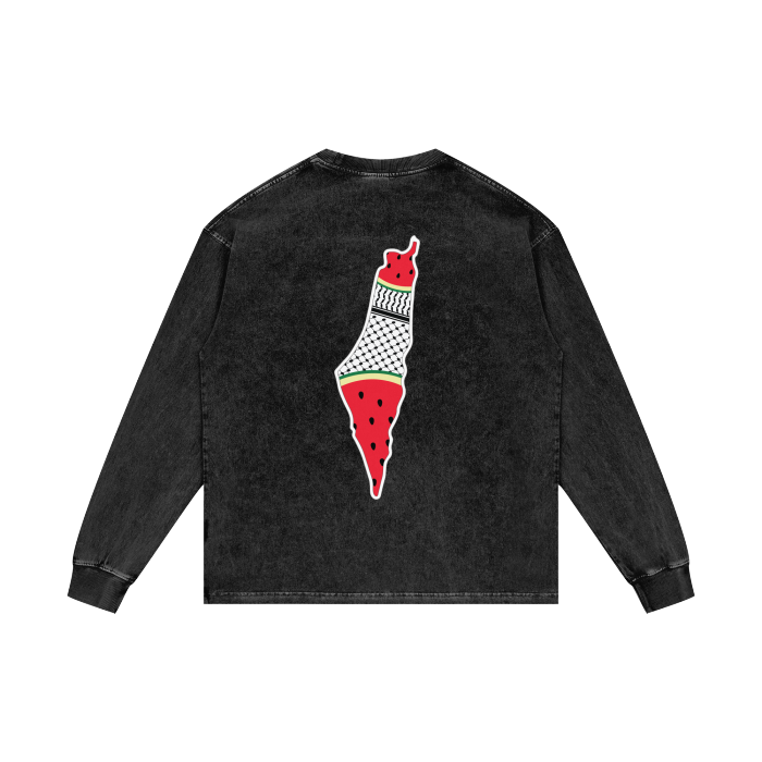 Palestine Map with Kuffiyah Print and Watermelon Long Sleeve T-Shirt