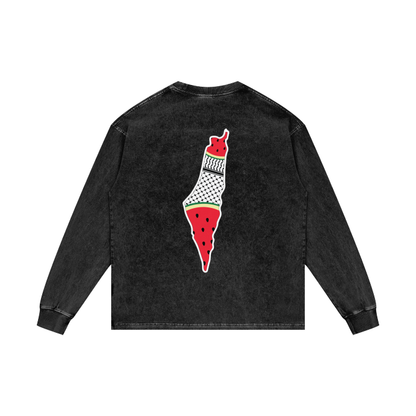 Palestine Map with Kuffiyah Print and Watermelon Long Sleeve T-Shirt