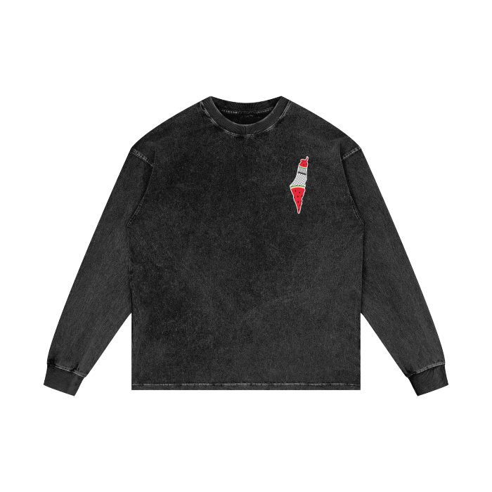 Palestine Map with Kuffiyah Print and Watermelon Long Sleeve T-Shirt